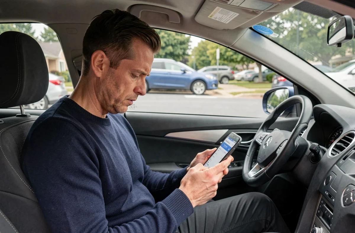 Homme consultant un comparateur d'assurance auto sur son smartphone dans sa voiture
