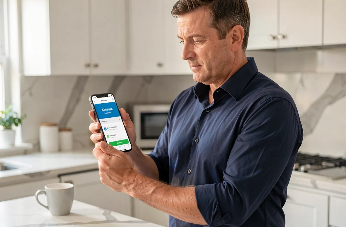 Homme configurant son application de banque en ligne sur smartphone dans une cuisine moderne