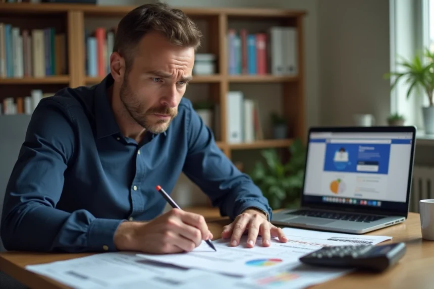 Homme consultant ses fiches de paie et documents fiscaux liés à la prime Macron à son bureau à domicile