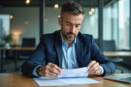 Homme d'affaires compare des documents de crédit au bureau