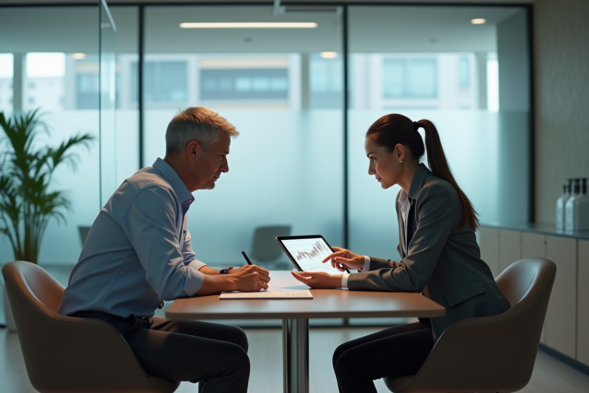 Homme et banquière analysant un graphique financier sur tablette