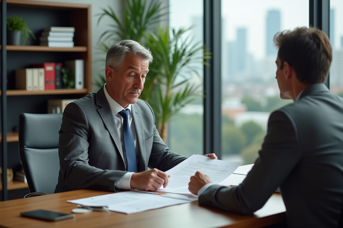 Homme et conseiller examinant un contrat hypothécaire au bureau
