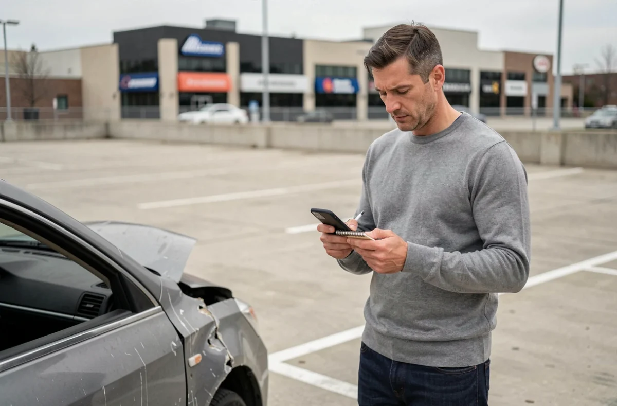 Homme déclarant un sinistre automobile en notant les informations après un accident dans un parking urbain
