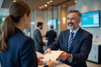 Homme d'âge moyen remettant un enveloppe à une caissière amicale
