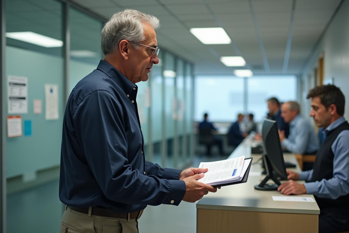 Homme d age remettant ses documents de retraite au guichet