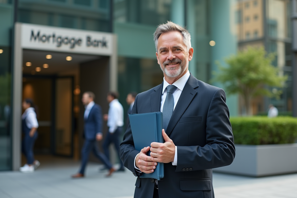 Homme d affaires tenant une fiche sur les taux hypothécaires en ville