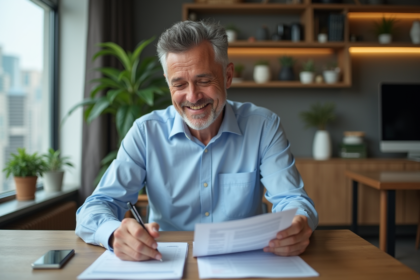 Homme d'âge moyen examinant des documents financiers à la maison