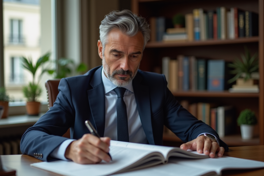 Homme français en costume bleu étudiant un portefeuille d'obligations