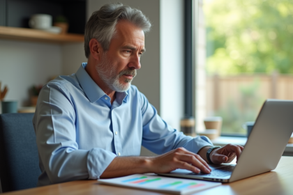 Homme d'âge moyen travaillant sur un ordinateur dans une cuisine moderne