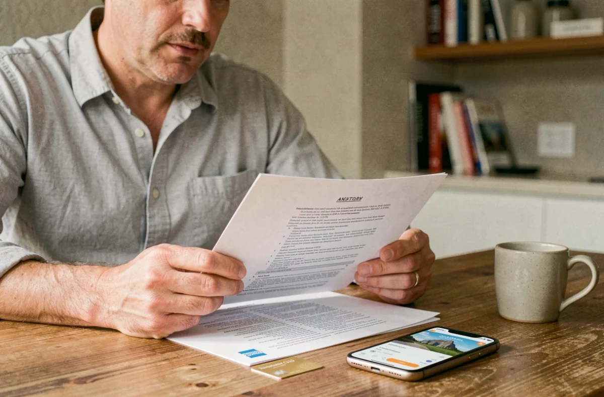 Homme lisant les conditions d'assurance voyage de sa carte Amex Gold à domicile