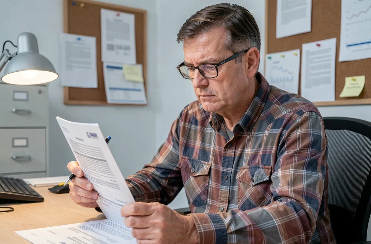 Homme relisant attentivement un contrat d'assurance auto avant de signer