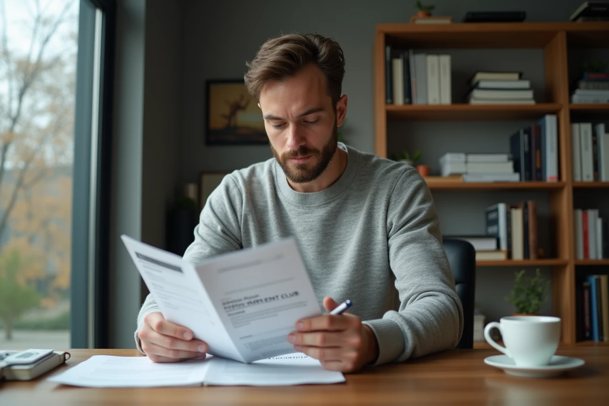 Homme concentré lisant un guide d'adhésion à un club d'investissement alternatif dans un bureau à domicile épuré