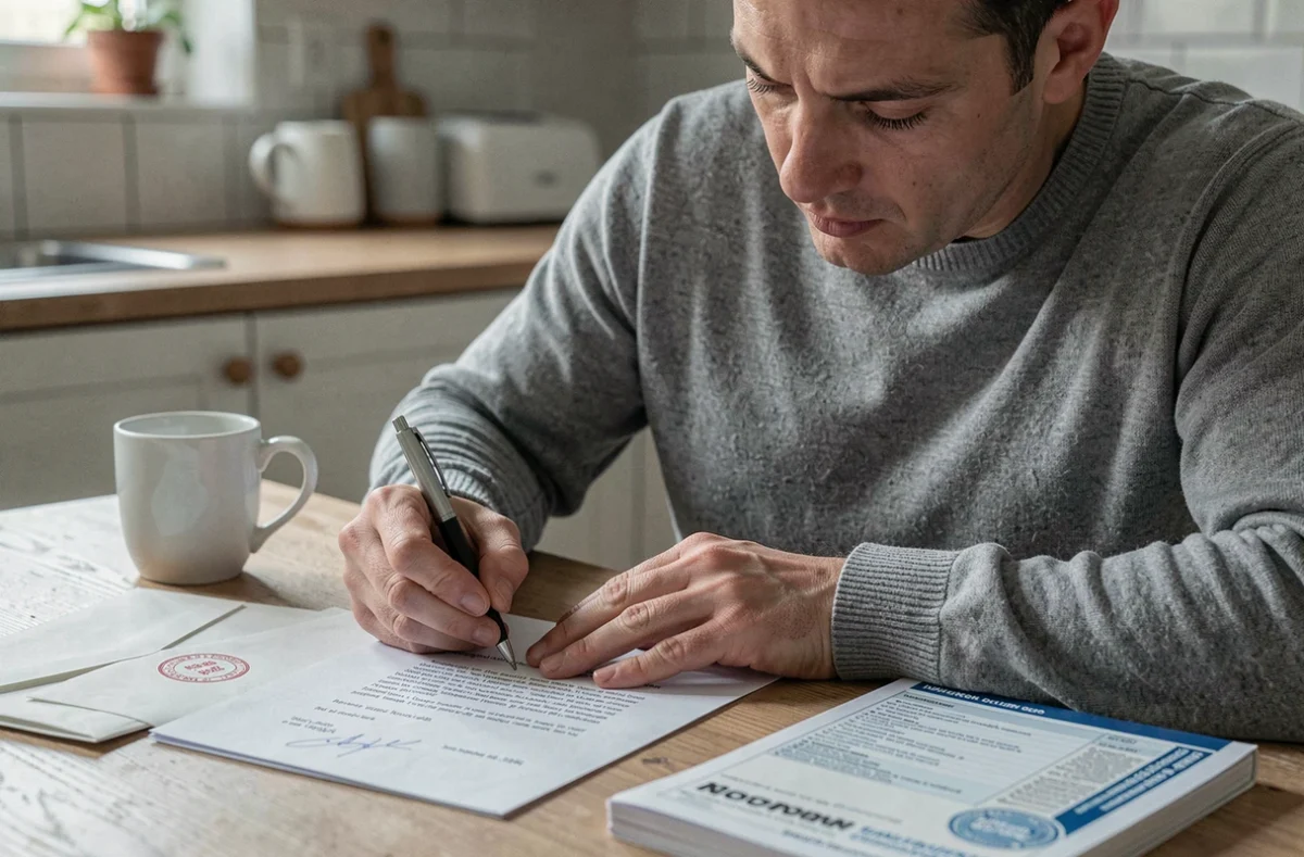 Homme rédigeant une lettre de résiliation d'assurance automobile à la cuisine
