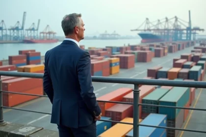 Homme d'affaires maritime dans un port européen