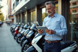 Homme d'âge moyen vérifiant des graphiques de marché devant des motos neuves