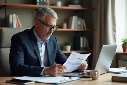 Homme d'âge moyen en costume vérifiant un reçu dans un bureau moderne
