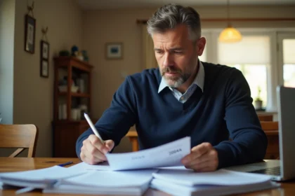 Homme d'âge moyen remplissant des papiers fiscaux à la maison