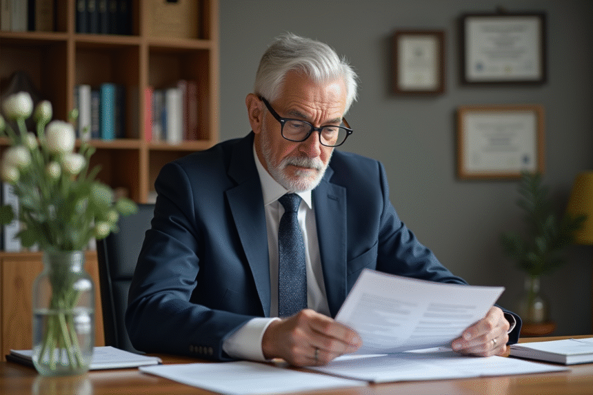 Homme âgé en costume dans un bureau moderne examinant des documents