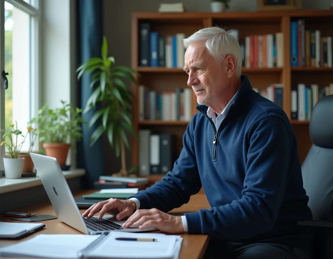 Homme retraité vérifiant le versement de sa pension invalidité en ligne sur un ordinateur portable