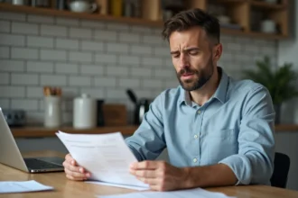 Homme en train de revoir ses documents fiscaux à la maison