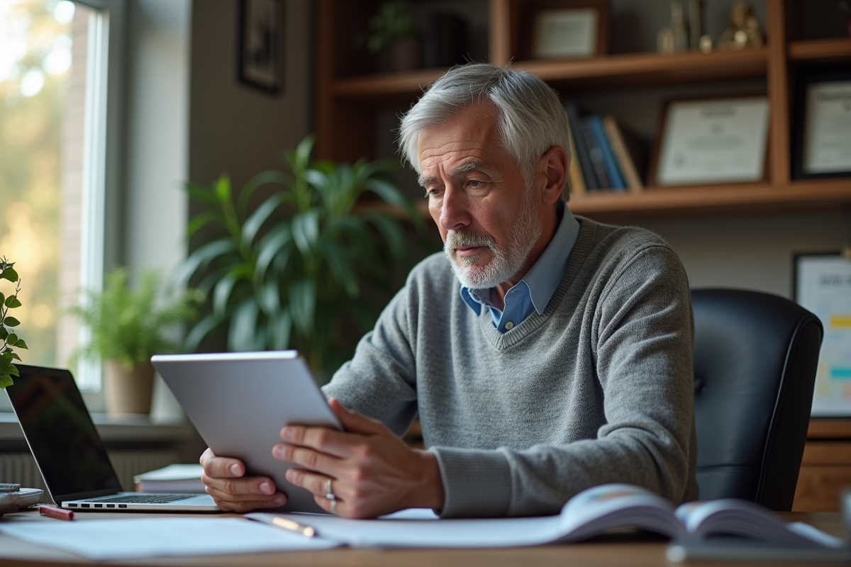 Homme âgé examinant ses estimations de retraite sur une tablette