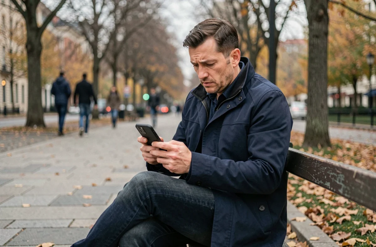 Homme sans emploi consultant son téléphone dans un parc pour comparer des mutuelles santé adaptées au chômage