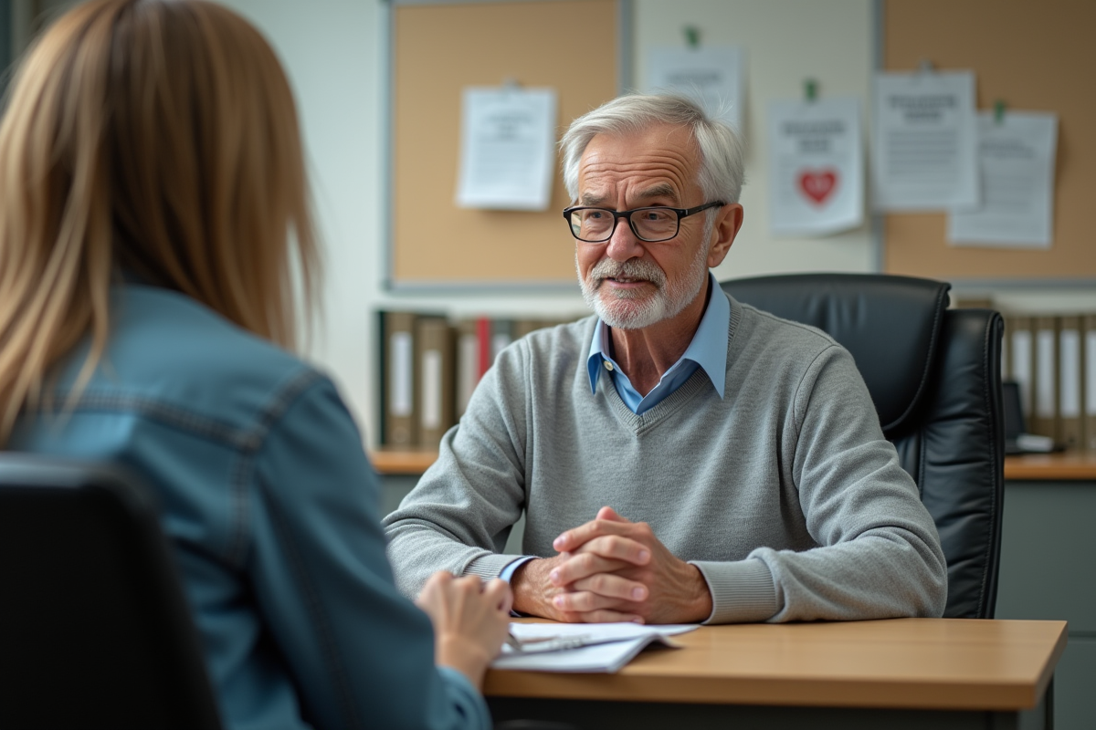 Homme senior discutant avec une assistante sociale au bureau