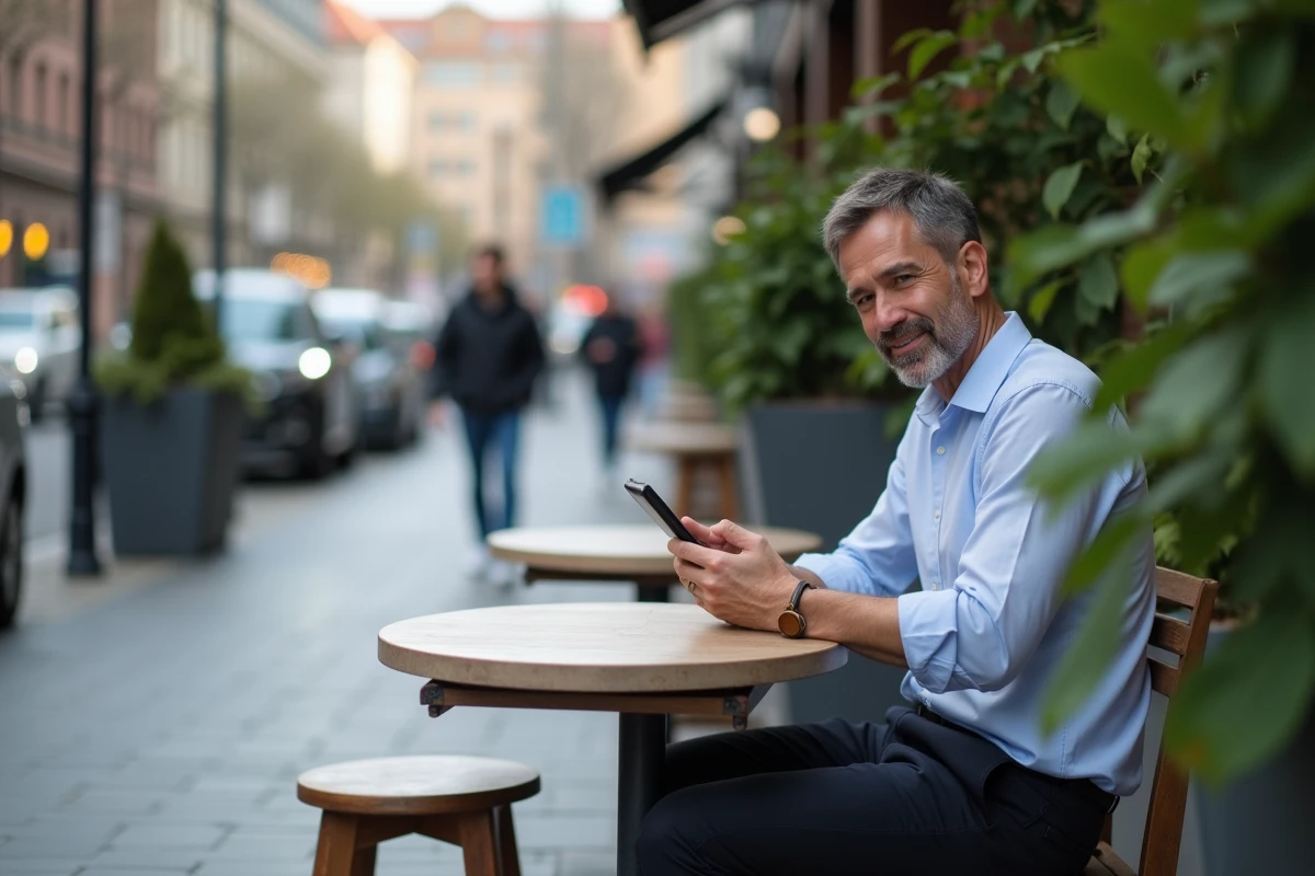 Homme utilisant un smartphone dans un café en plein air