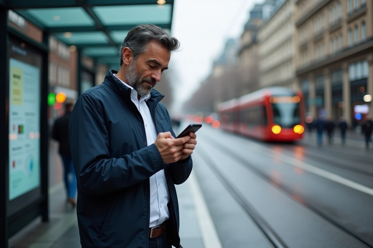 Homme regardant ses transactions sur smartphone dans la ville