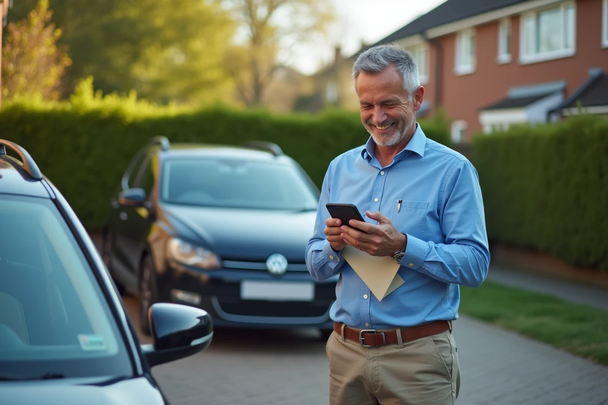 Homme souriant utilisant son smartphone près de sa voiture