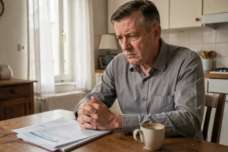Homme stressé assis à une table examinant des documents bancaires officiels lors d'un interdit bancaire
