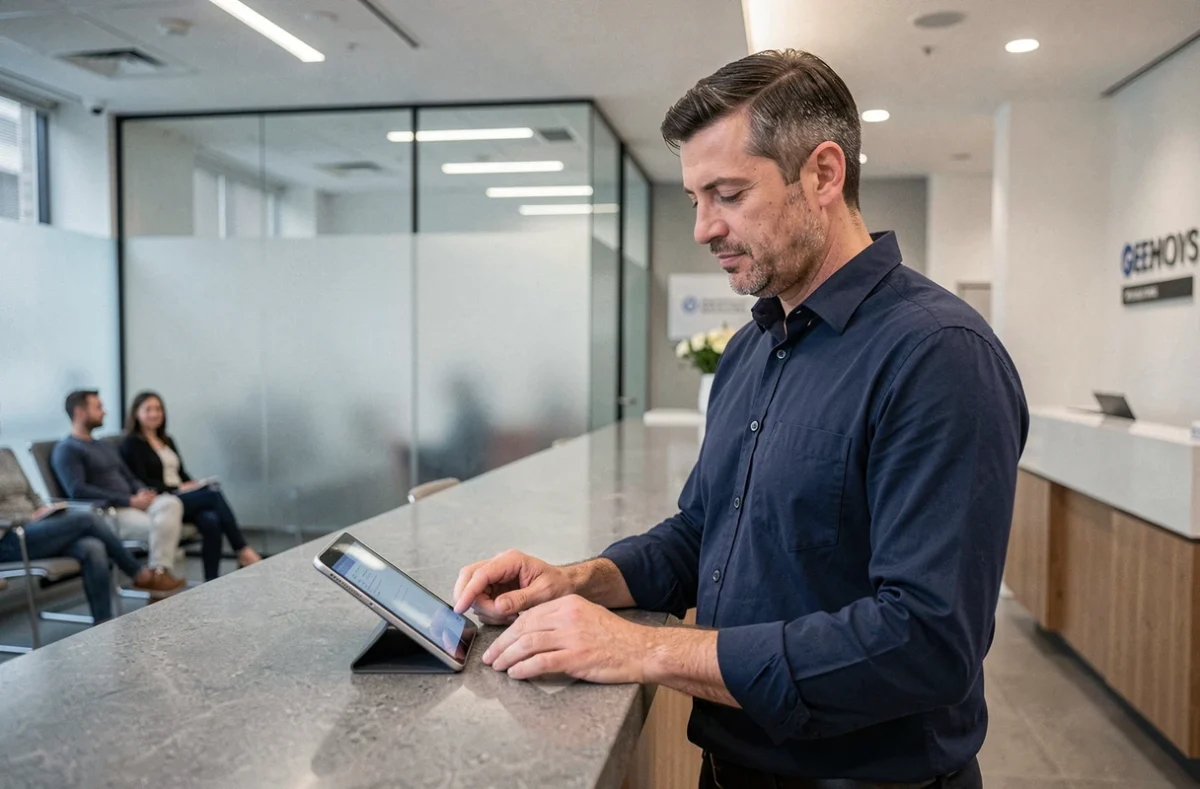 Homme consultant une tablette dans une agence bancaire pour suivre un virement en attente