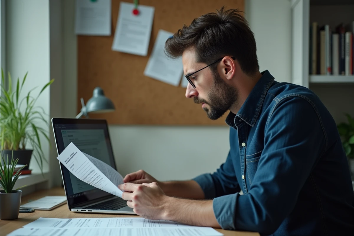 Homme comparant relevé bancaire et espace personnel CAF sur ordinateur portable pour suivre un virement