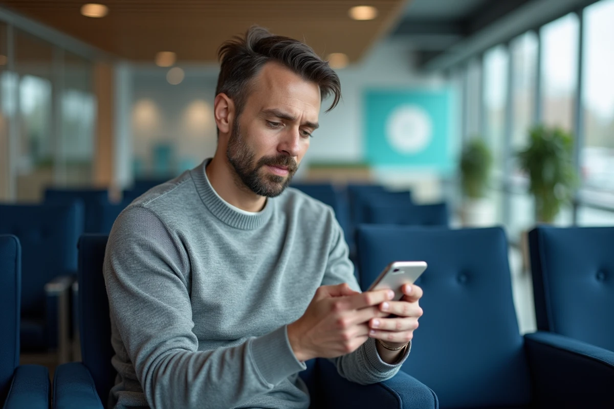 Homme consultant son téléphone dans une agence bancaire pour appeler Cetelem au bon moment
