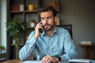 Homme au téléphone avec le service client Boursorama pour un virement urgent et changement de plafond