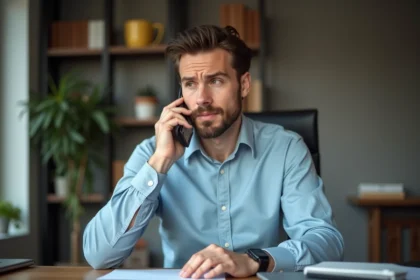 Homme au téléphone avec le service client Boursorama pour un virement urgent et changement de plafond