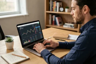 Homme consultant une plateforme de trading crypto eToro sur un ordinateur portable dans un bureau à domicile moderne