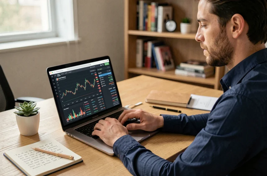 Homme consultant une plateforme de trading crypto eToro sur un ordinateur portable dans un bureau à domicile moderne