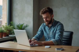 Homme concentré devant son ordinateur pour retrait crypto