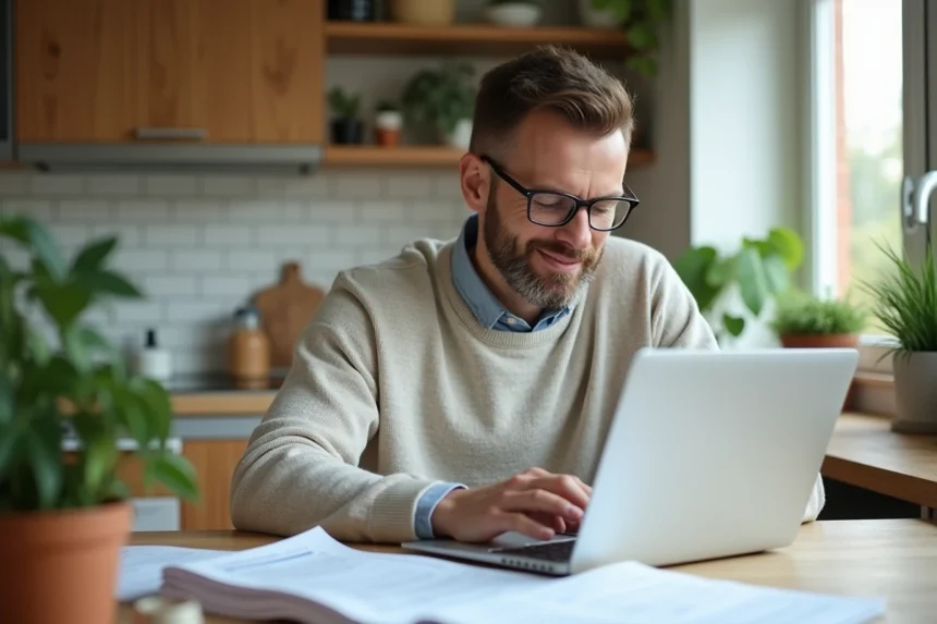 Homme détendu travaillant à la maison avec ordinateur et papiers