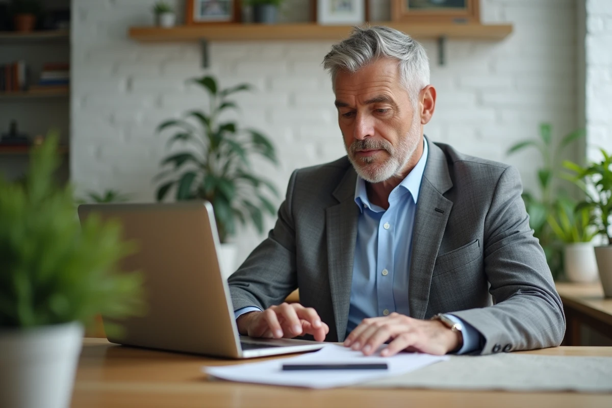 Homme d age moyen tape salaire sur ordinateur à la maison