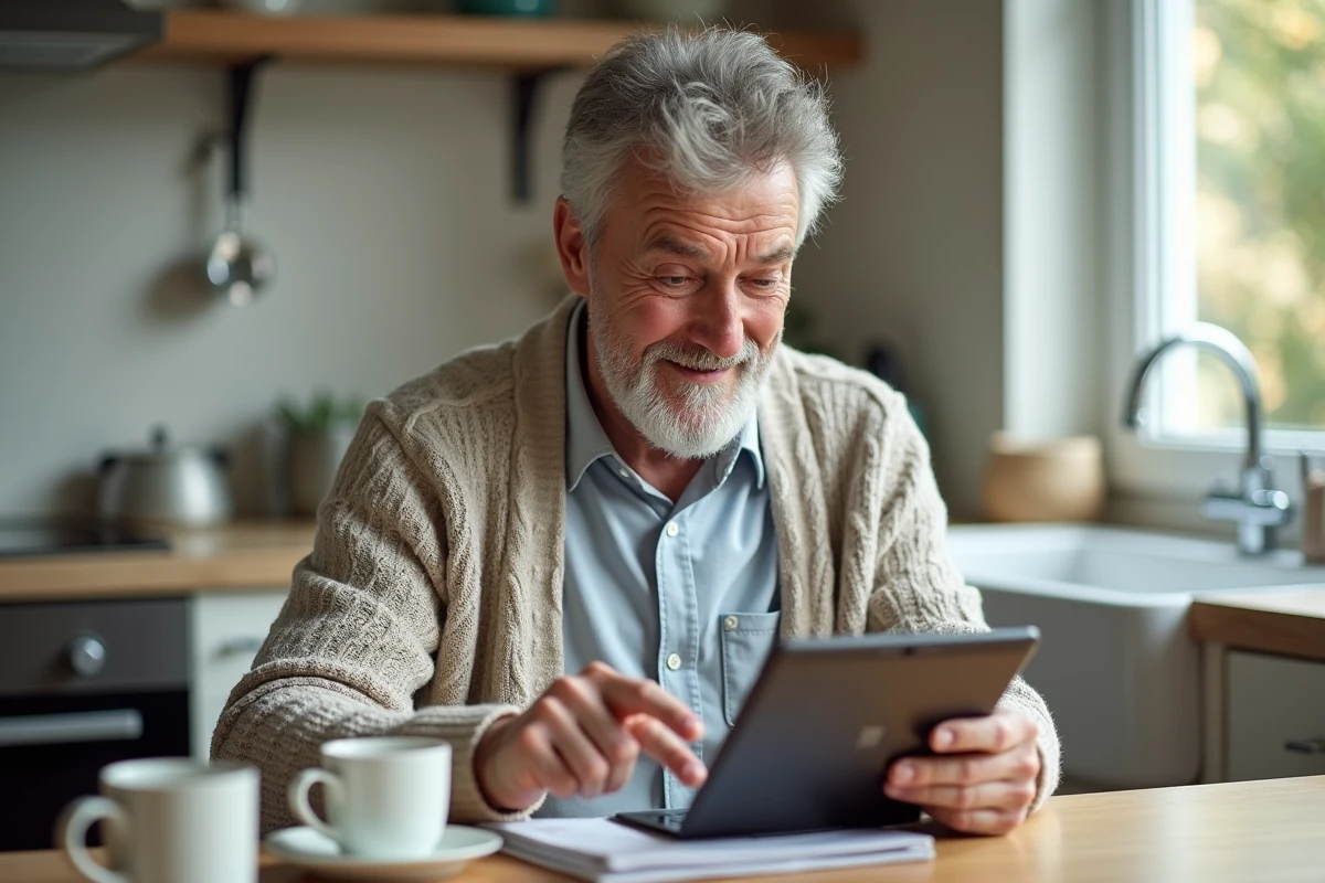 Homme âgé utilisant une tablette pour consulter un calendrier 2026