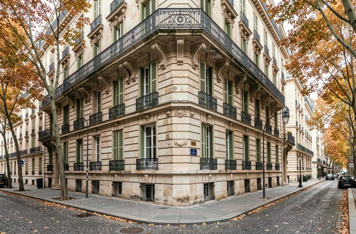 Immeuble haussmannien parisien avec balcons en fer forgé illustrant le patrimoine immobilier de la SCPI Elysées Pierre