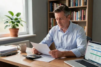 Homme consultant des documents financiers pour un investissement locatif avec prêt Casden