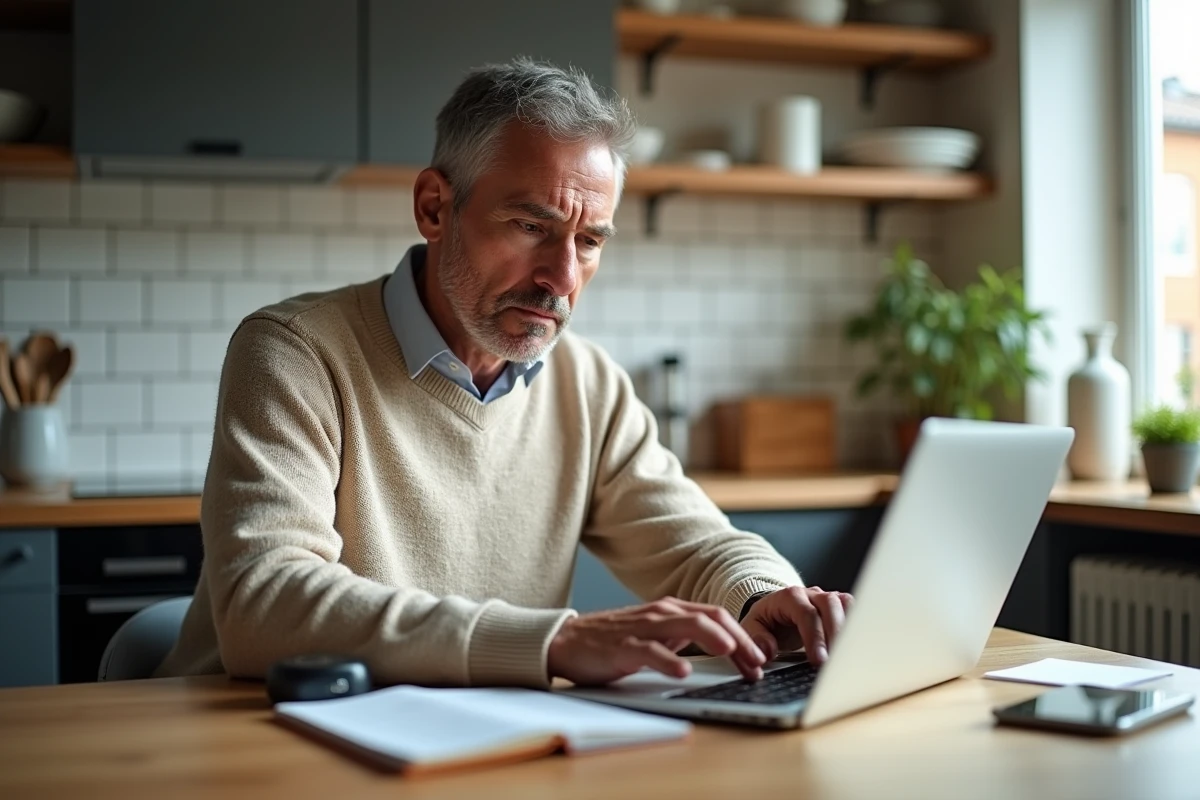 Investisseur particulier consultant la plateforme Boursorama pour évaluer les risques d'un ETF depuis son domicile