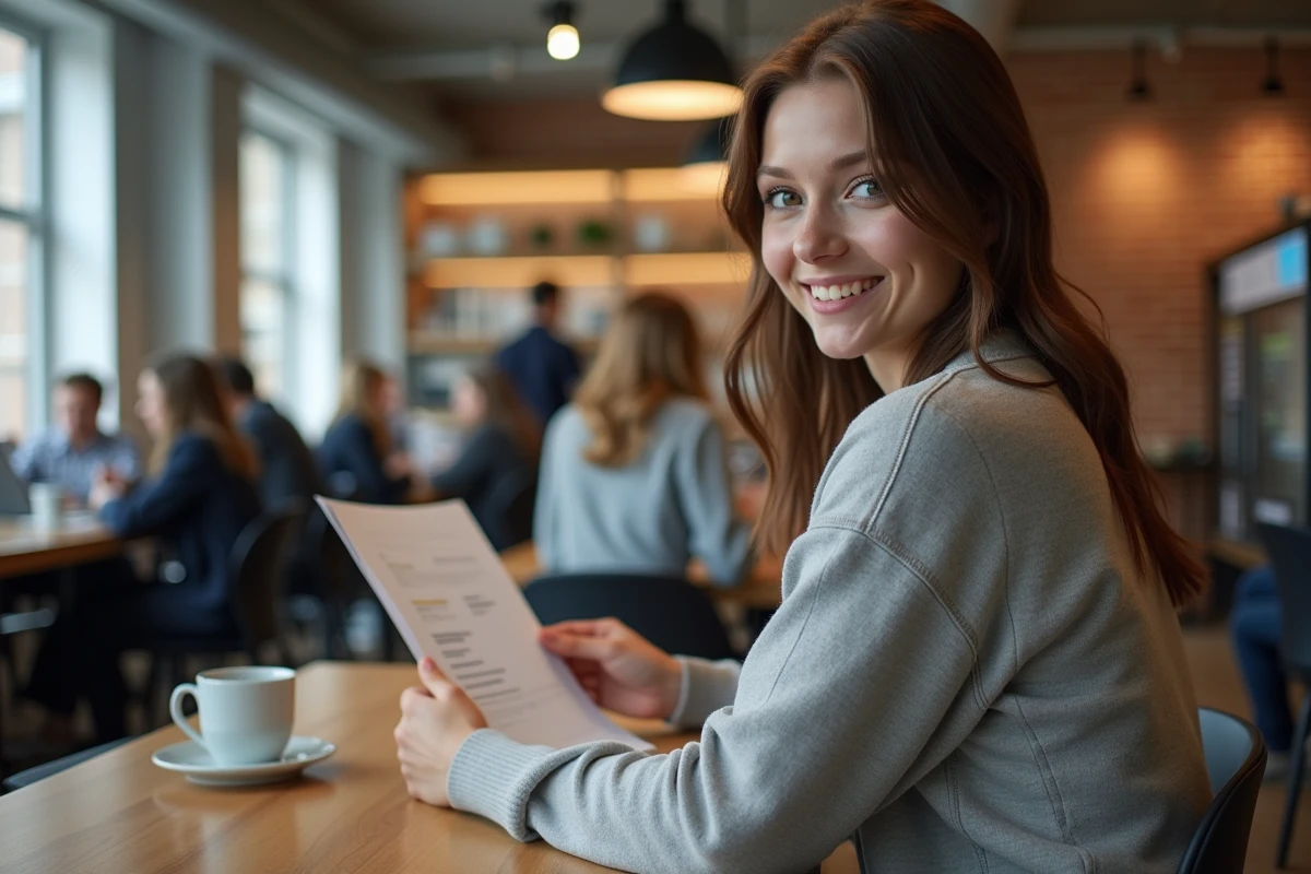 Jeune femme vérifiant une fiche de paie dans un espace de travail moderne