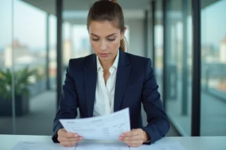 Jeune femme en costume bleu compare fiches de paie au bureau