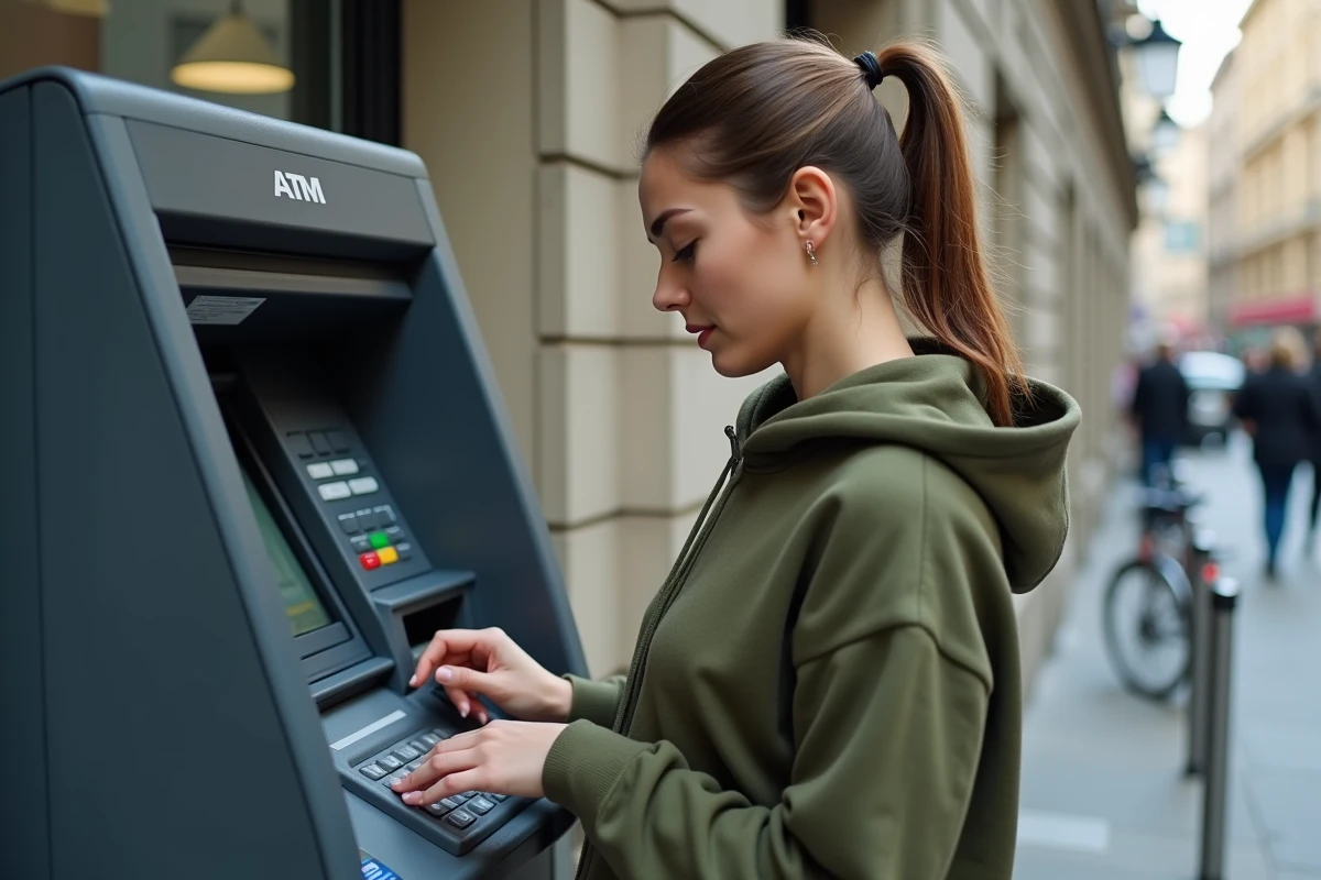 Jeune femme vérifiant son solde bancaire à un distributeur automatique en attendant un virement CAF