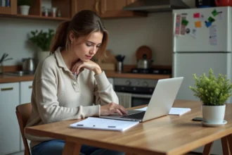 Jeune femme étudiante dans une cuisine urbaine