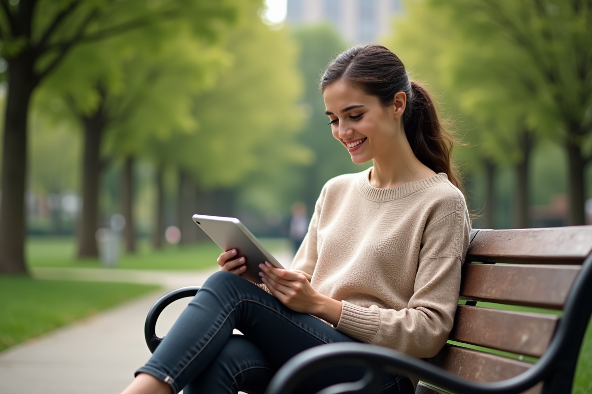 Jeune femme souriante utilisant une tablette dans un parc